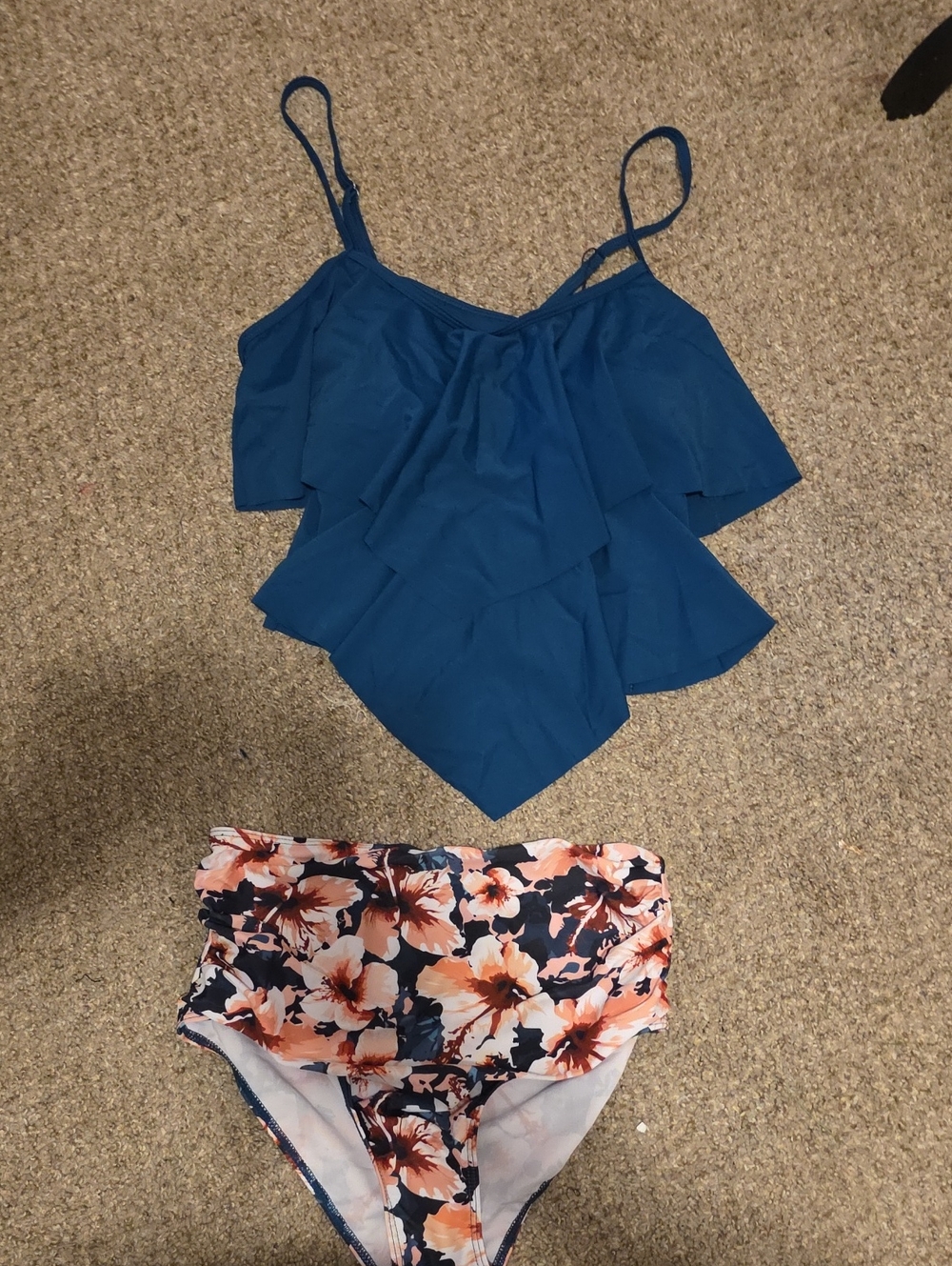 Kohl's Teal Ruffle Tankini Top with Floral High-Waist Bottom